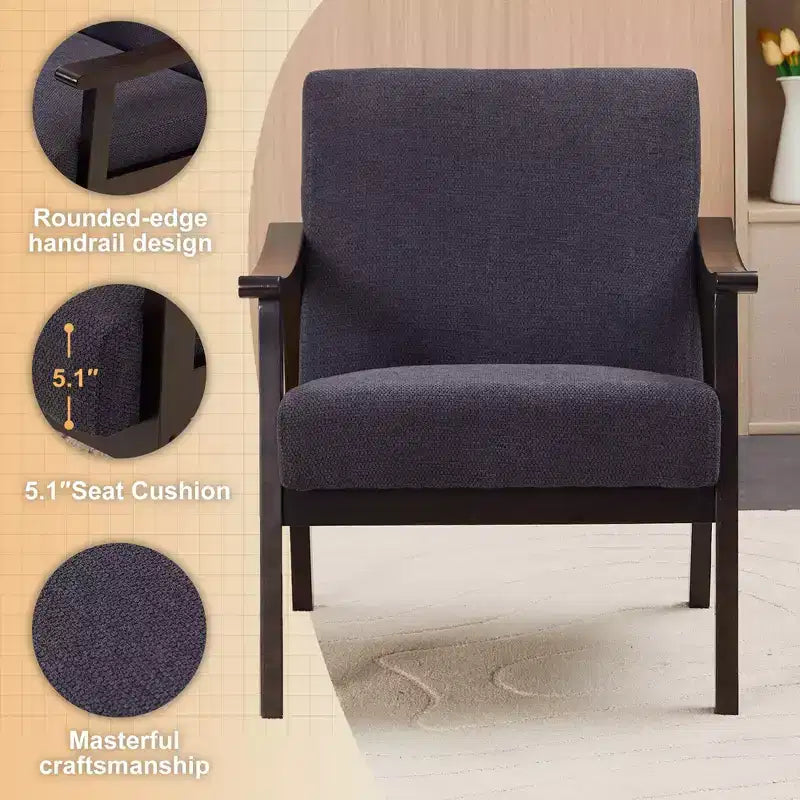 Poltrona moderna imbottita con braccioli in legno curvo per soggiorno o camera da letto
