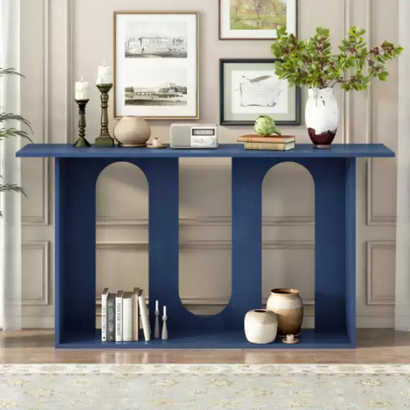 Tavolini da Consolle Curvi Moderni Blu con Ripiano Aperto, Eleganti Tavolini da Consolle per Ingresso o Soggiorno, Contenitore e Espositore