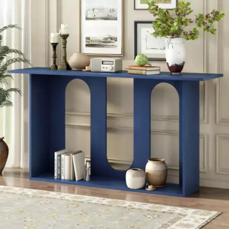 Tavolini da Consolle Curvi Moderni Blu con Ripiano Aperto, Eleganti Tavolini da Consolle per Ingresso o Soggiorno, Contenitore e Espositore