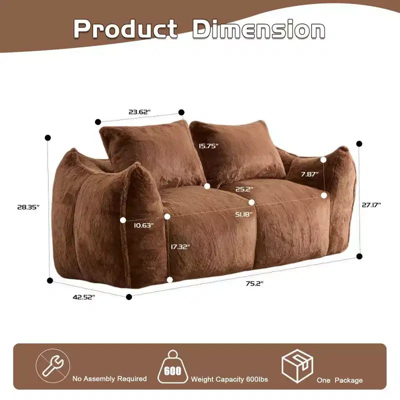 Divano a sacco senza montaggio, divanetto oversize in pelliccia sintetica da 75,2 pollici con 2 cuscini, divano a 2 posti per soggiorno, camera da letto