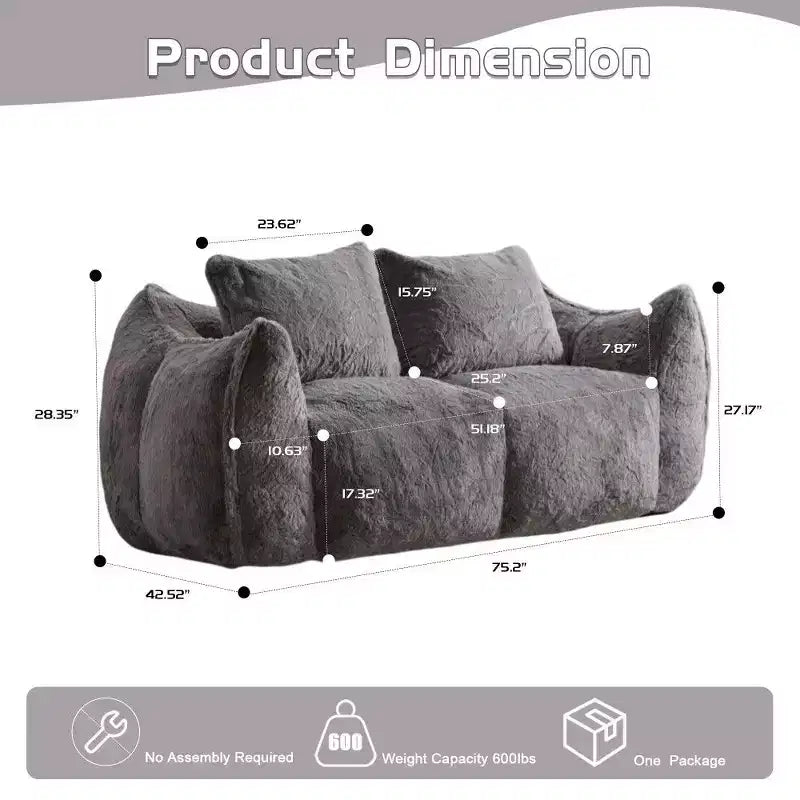 Divano a sacco senza montaggio, divanetto oversize in pelliccia sintetica da 75,2 pollici con 2 cuscini, divano a 2 posti per soggiorno, camera da letto