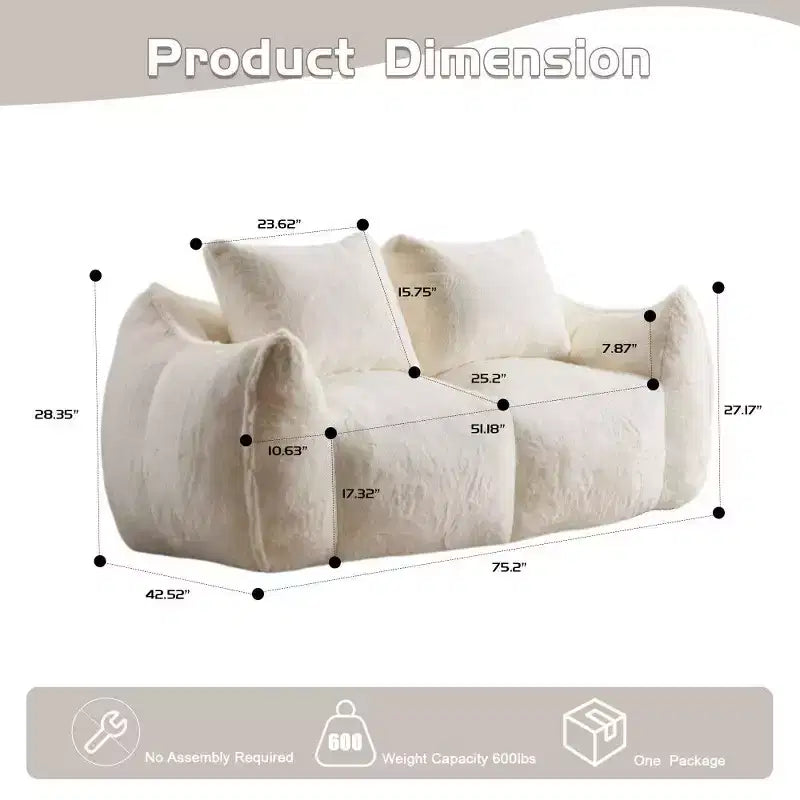 Divano a sacco senza montaggio, divanetto oversize in pelliccia sintetica da 75,2 pollici con 2 cuscini, divano a 2 posti per soggiorno, camera da letto
