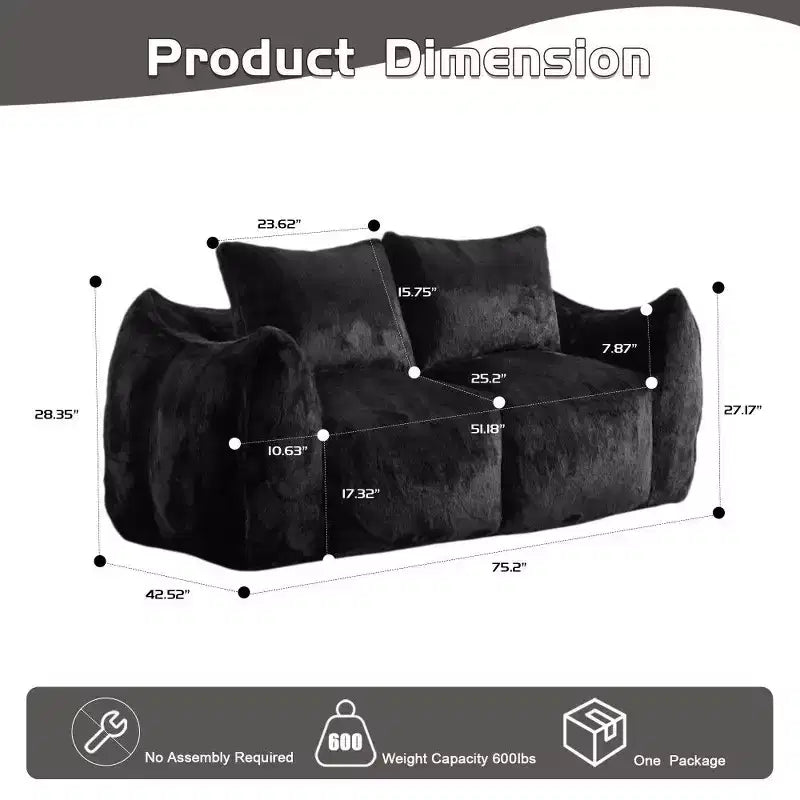 Divano a sacco senza montaggio, divanetto oversize in pelliccia sintetica da 75,2 pollici con 2 cuscini, divano a 2 posti per soggiorno, camera da letto