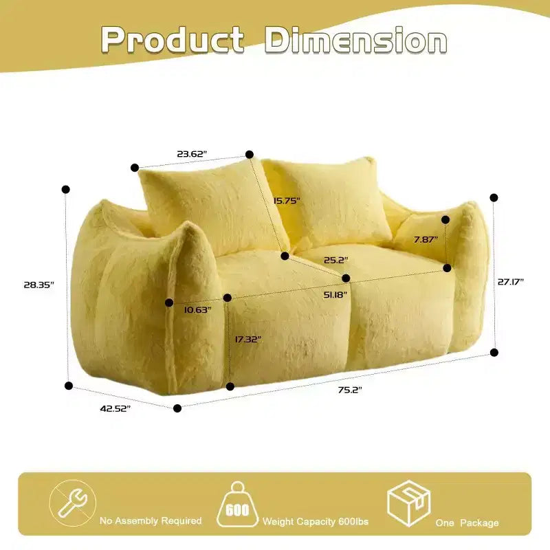 Divano a sacco senza montaggio, divanetto oversize in pelliccia sintetica da 75,2 pollici con 2 cuscini, divano a 2 posti per soggiorno, camera da letto