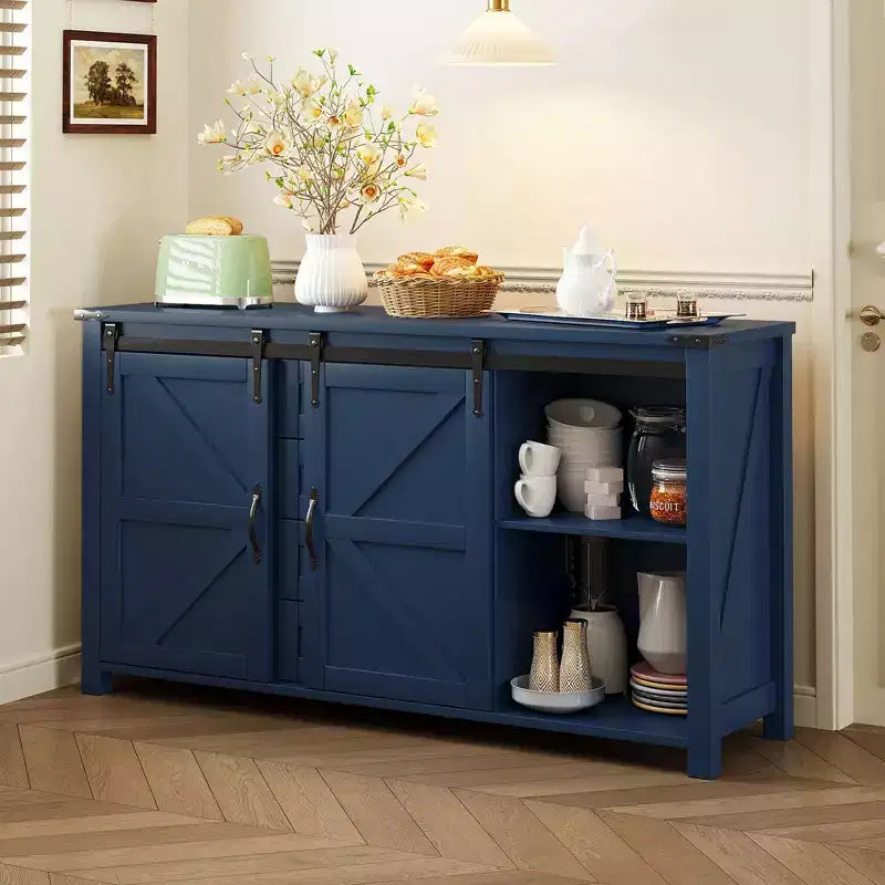 Madia a 4 cassetti per fattoria, armadietto contenitore per sala da pranzo, armadietti da dispensa da cucina con anta scorrevole in stile rustico e maniglie in metallo