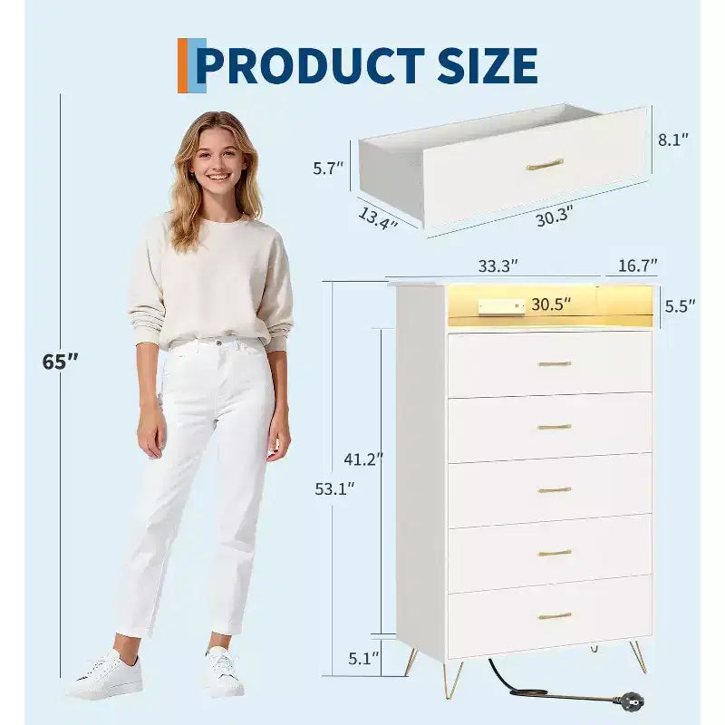 Comodino alto a 5 cassetti con guide a chiusura silenziosa, organizer contenitore resistente all'acqua per corridoio, armadio e camera da letto, armadietto dal design sottile salvaspazio