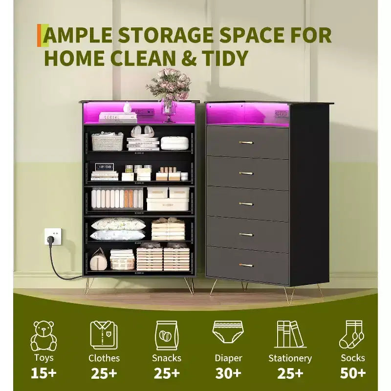 Comodino alto a 5 cassetti con guide a chiusura silenziosa, organizer contenitore resistente all'acqua per corridoio, armadio e camera da letto, armadietto dal design sottile salvaspazio
