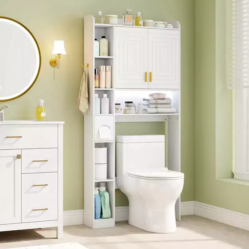 Scaffale salvaspazio sopra il WC con armadietto a 2 ante, bianco/marrone/grigio