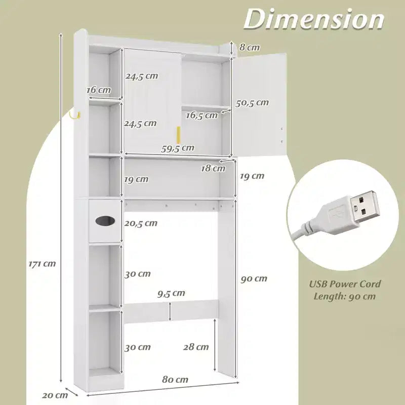 Scaffale salvaspazio sopra il WC con armadietto a 2 ante, bianco/marrone/grigio