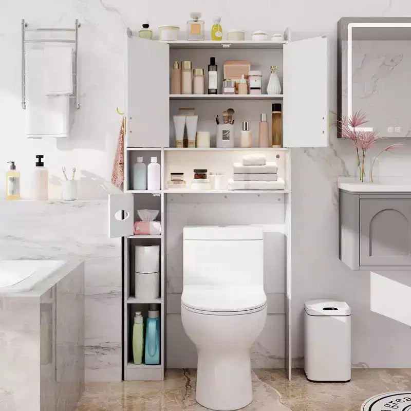 Scaffale salvaspazio sopra il WC con armadietto a 2 ante, bianco/marrone/grigio