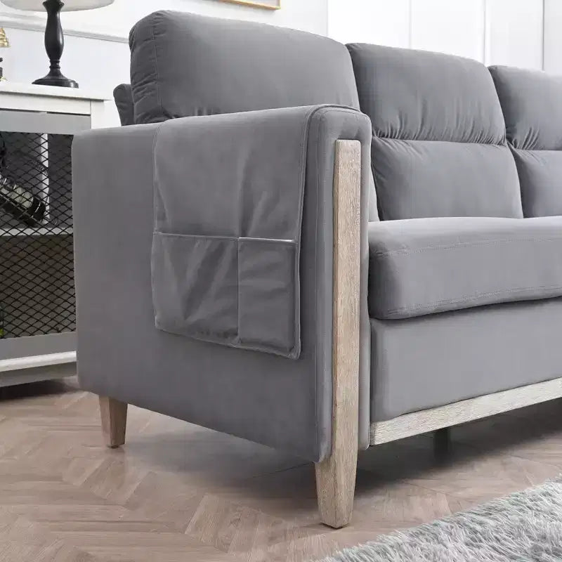 Divano moderno imbottito, divano a 3 posti con tasca laterale, struttura in legno, divanetto imbottito moderno di metà secolo per soggiorno, camera da letto, ufficio, grigio