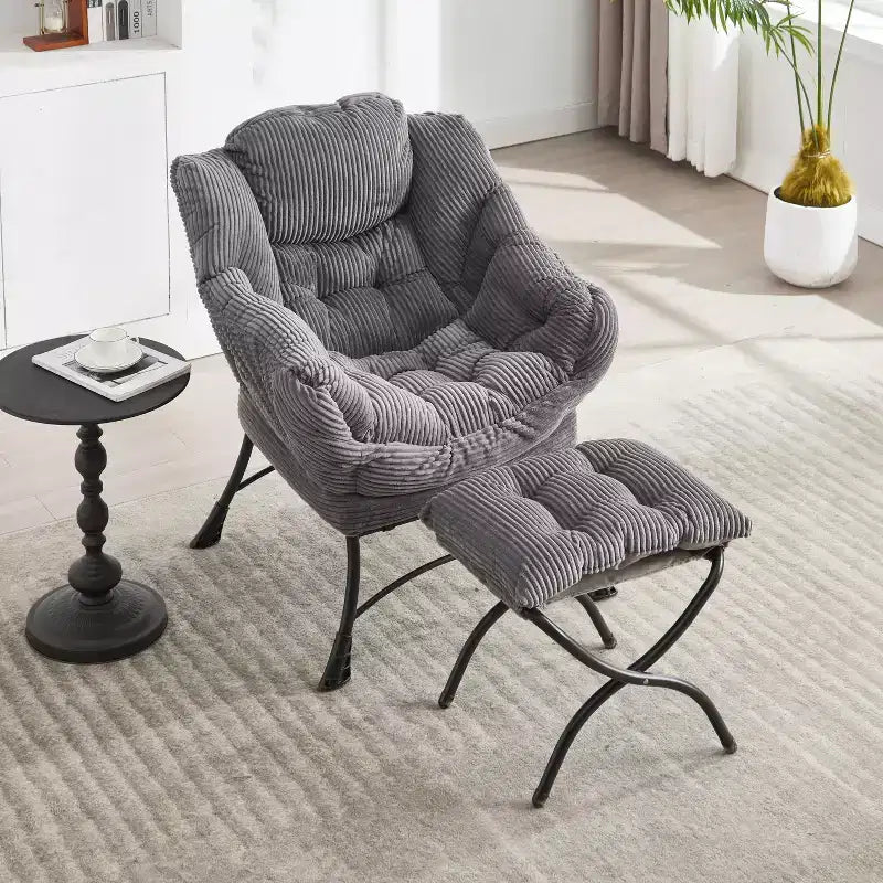 Poltrona relax, Poltrona lounge moderna con poggiapiedi, Braccioli, Tasca laterale, Poltrona per il tempo libero rivestita in flanella per soggiorno, Spazi ridotti