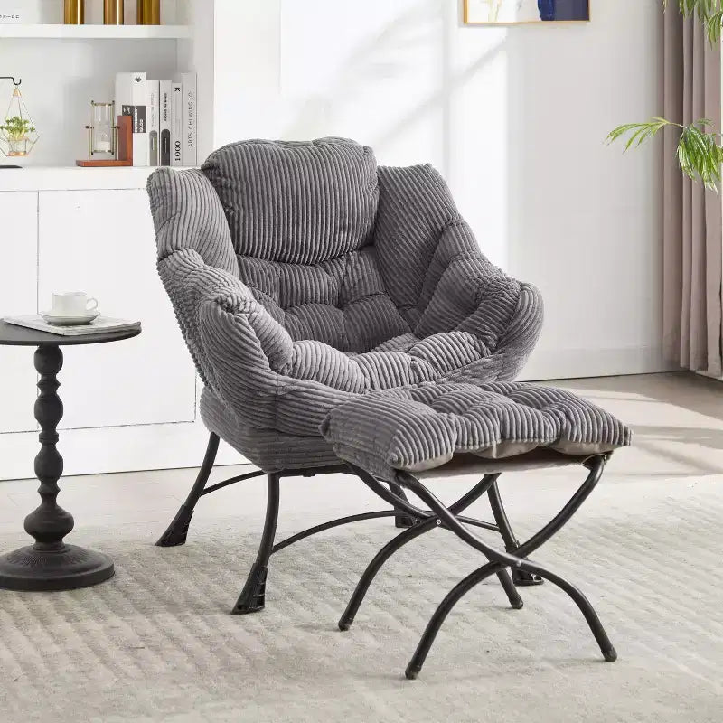 Poltrona relax, Poltrona lounge moderna con poggiapiedi, Braccioli, Tasca laterale, Poltrona per il tempo libero rivestita in flanella per soggiorno, Spazi ridotti