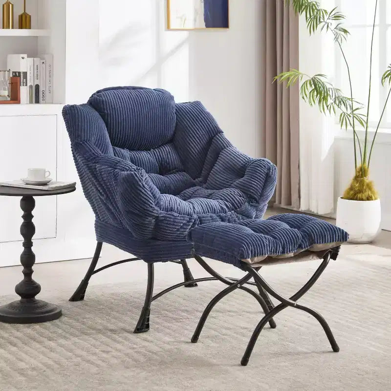 Poltrona relax, Poltrona lounge moderna con poggiapiedi, Braccioli, Tasca laterale, Poltrona per il tempo libero rivestita in flanella per soggiorno, Spazi ridotti