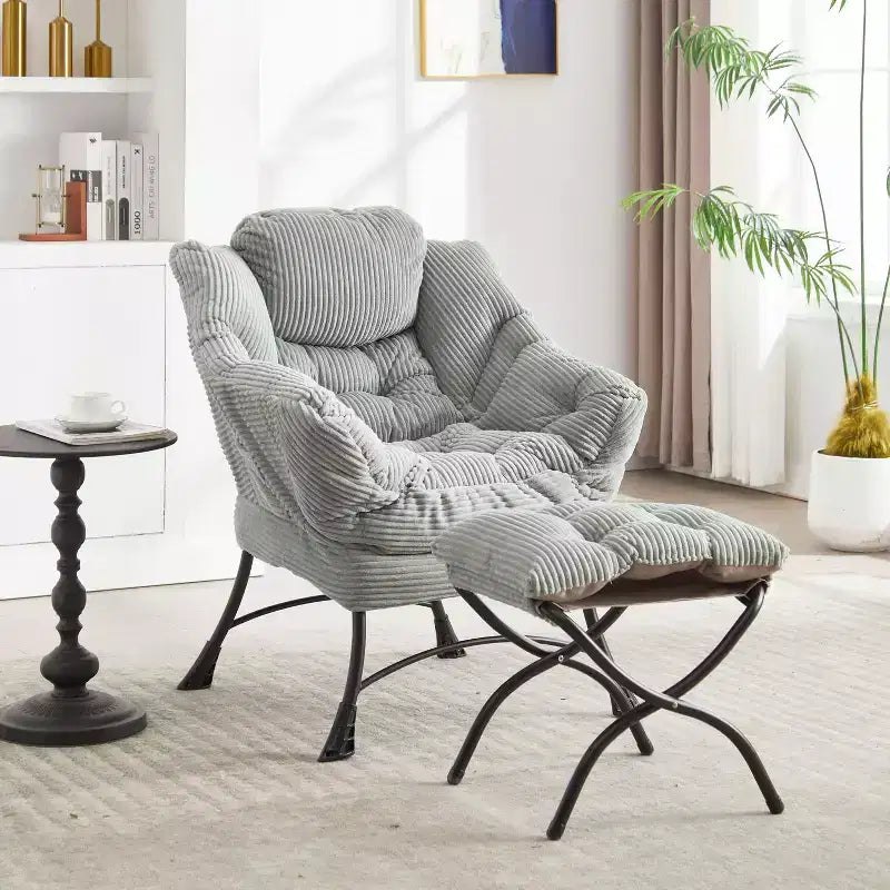 Poltrona relax, Poltrona lounge moderna con poggiapiedi, Braccioli, Tasca laterale, Poltrona per il tempo libero rivestita in flanella per soggiorno, Spazi ridotti
