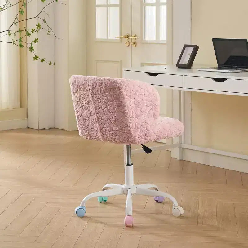 Sedie da scrivania girevoli Kawaii per adolescenti e adulti, sedia da trucco regolabile in altezza in pelliccia sintetica, sedia da computer per bambini 17.7-21.3H con base in metallo