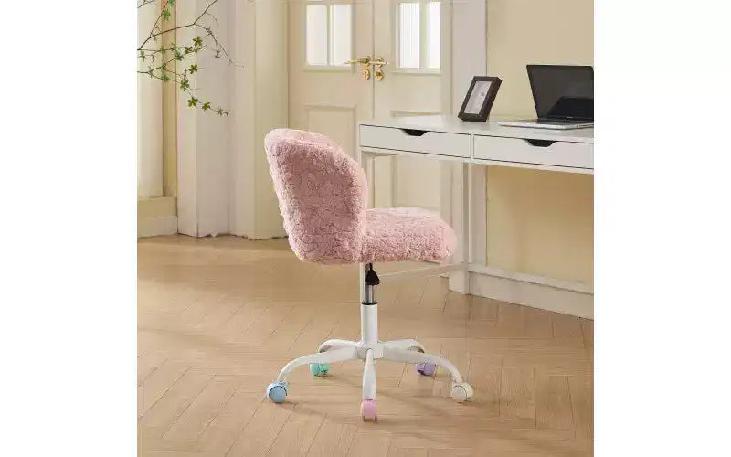 Sedie da scrivania girevoli Kawaii per adolescenti e adulti, sedia da trucco regolabile in altezza in pelliccia sintetica, sedia da computer per bambini 17.7-21.3H con base in metallo