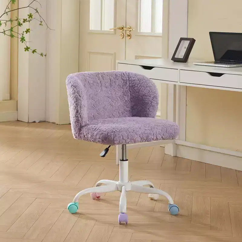 Sedie da scrivania girevoli Kawaii per adolescenti e adulti, sedia da trucco regolabile in altezza in pelliccia sintetica, sedia da computer per bambini 17.7-21.3H con base in metallo