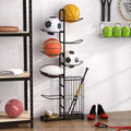 Organizzatore di palloni a 7 livelli con 7 aste appendiabiti rimovibili, cestino laterale e piedini regolabili per garage, palestra, casa
