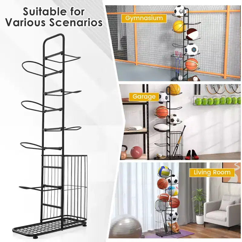 Organizzatore di palloni a 7 livelli con 7 aste appendiabiti rimovibili, cestino laterale e piedini regolabili per garage, palestra, casa
