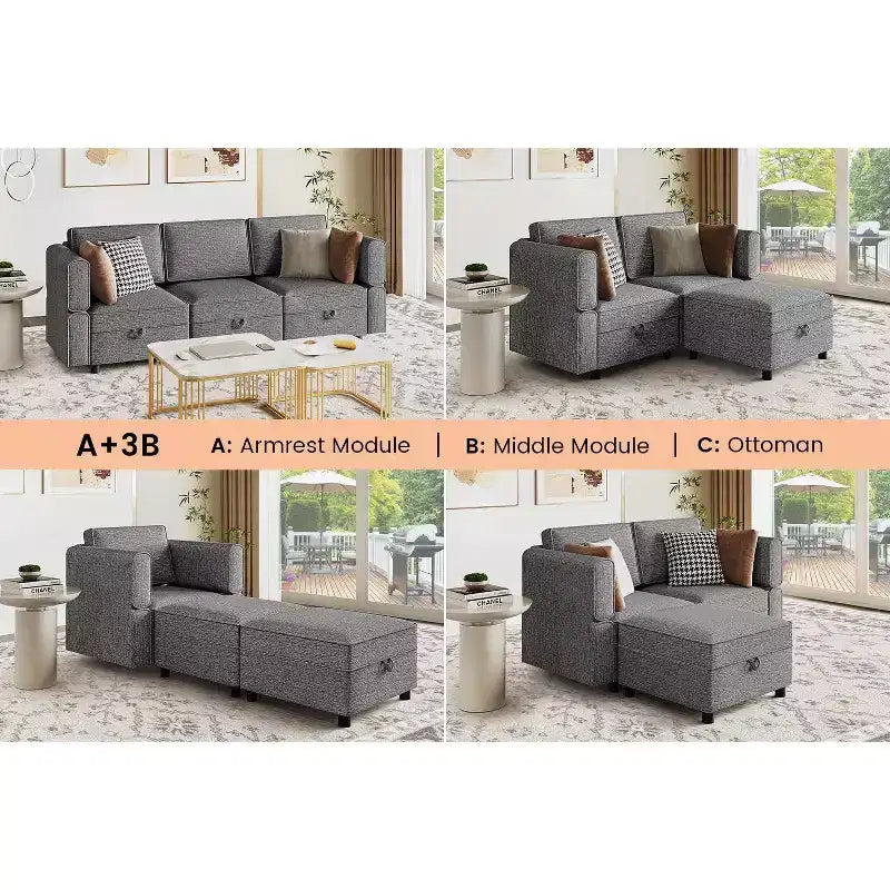 Divano componibile 87.4" (222 cm) di larghezza, bracciolo + 3 moduli centrali, seduta profonda 33" (84 cm), schienale 26.8" (68 cm), connettori a scatto senza attrezzi per soggiorno, grigio