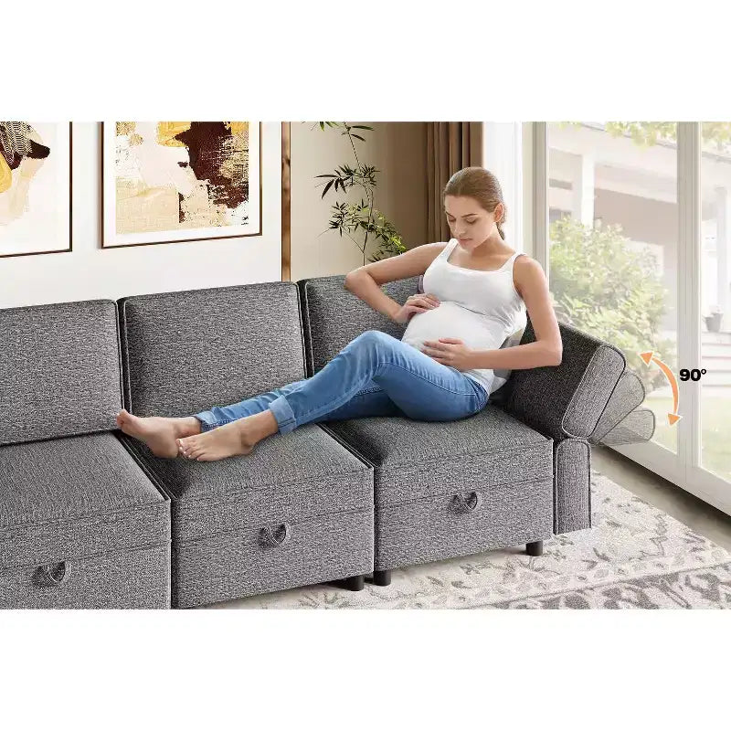Divano componibile 87.4" (222 cm) di larghezza, bracciolo + 3 moduli centrali, seduta profonda 33" (84 cm), schienale 26.8" (68 cm), connettori a scatto senza attrezzi per soggiorno, grigio