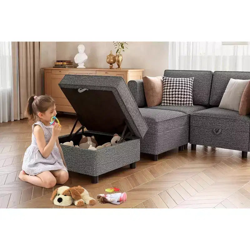 Divano componibile 87.4" (222 cm) di larghezza, bracciolo + 3 moduli centrali, seduta profonda 33" (84 cm), schienale 26.8" (68 cm), connettori a scatto senza attrezzi per soggiorno, grigio