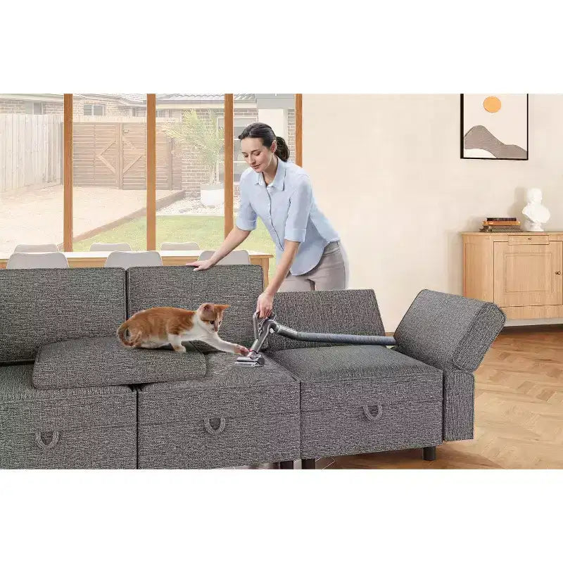 Divano componibile 87.4" (222 cm) di larghezza, bracciolo + 3 moduli centrali, seduta profonda 33" (84 cm), schienale 26.8" (68 cm), connettori a scatto senza attrezzi per soggiorno, grigio