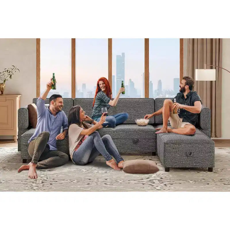 Divano componibile 87.4" (222 cm) di larghezza, bracciolo + 3 moduli centrali, seduta profonda 33" (84 cm), schienale 26.8" (68 cm), connettori a scatto senza attrezzi per soggiorno, grigio
