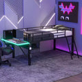 Bellemave Twin Gaming Loft Bed with Desk & LED Lights, Black Metal Mid Loft Bed with Storage for Kids Teens, eSports-Inspired Design