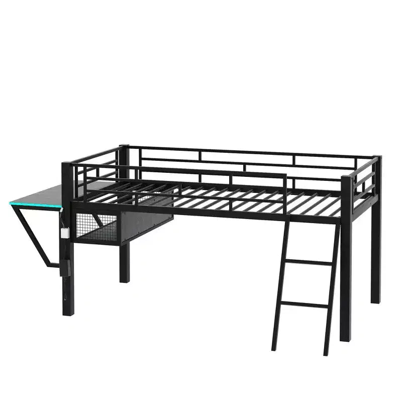 Bellemave Letto a soppalco da gioco singolo con scrivania e luci a LED, letto a soppalco medio in metallo nero con contenitore per bambini e ragazzi, design ispirato agli eSport