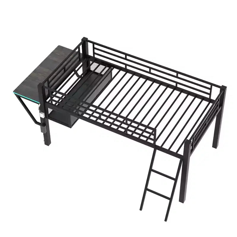 Bellemave Letto a soppalco da gioco singolo con scrivania e luci a LED, letto a soppalco medio in metallo nero con contenitore per bambini e ragazzi, design ispirato agli eSport