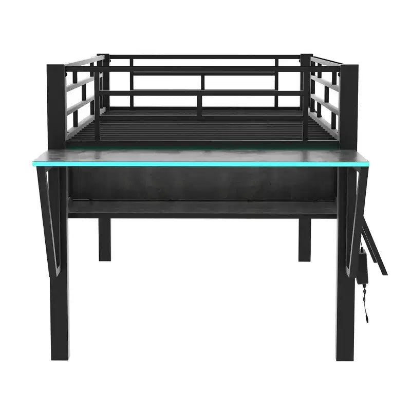 Bellemave Letto a soppalco da gioco singolo con scrivania e luci a LED, letto a soppalco medio in metallo nero con contenitore per bambini e ragazzi, design ispirato agli eSport