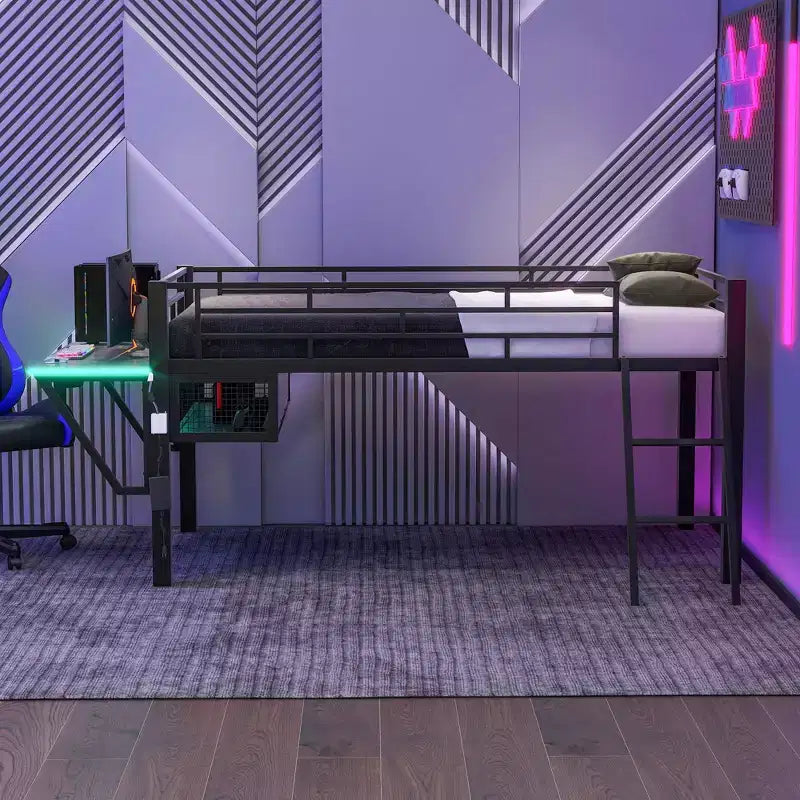 Bellemave Letto a soppalco da gioco singolo con scrivania e luci a LED, letto a soppalco medio in metallo nero con contenitore per bambini e ragazzi, design ispirato agli eSport