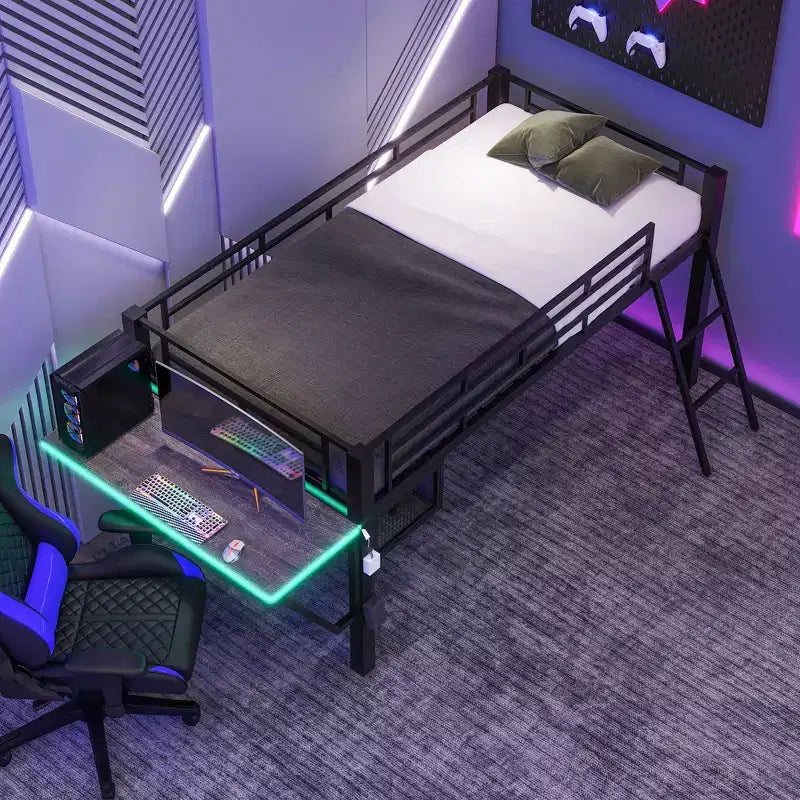 Bellemave Letto a soppalco da gioco singolo con scrivania e luci a LED, letto a soppalco medio in metallo nero con contenitore per bambini e ragazzi, design ispirato agli eSport