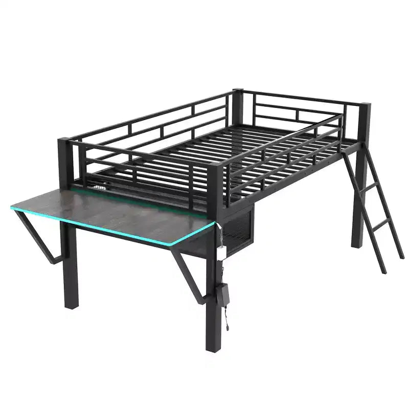 Bellemave Letto a soppalco da gioco singolo con scrivania e luci a LED, letto a soppalco medio in metallo nero con contenitore per bambini e ragazzi, design ispirato agli eSport
