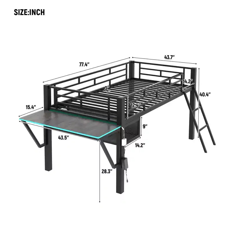 Bellemave Letto a soppalco da gioco singolo con scrivania e luci a LED, letto a soppalco medio in metallo nero con contenitore per bambini e ragazzi, design ispirato agli eSport
