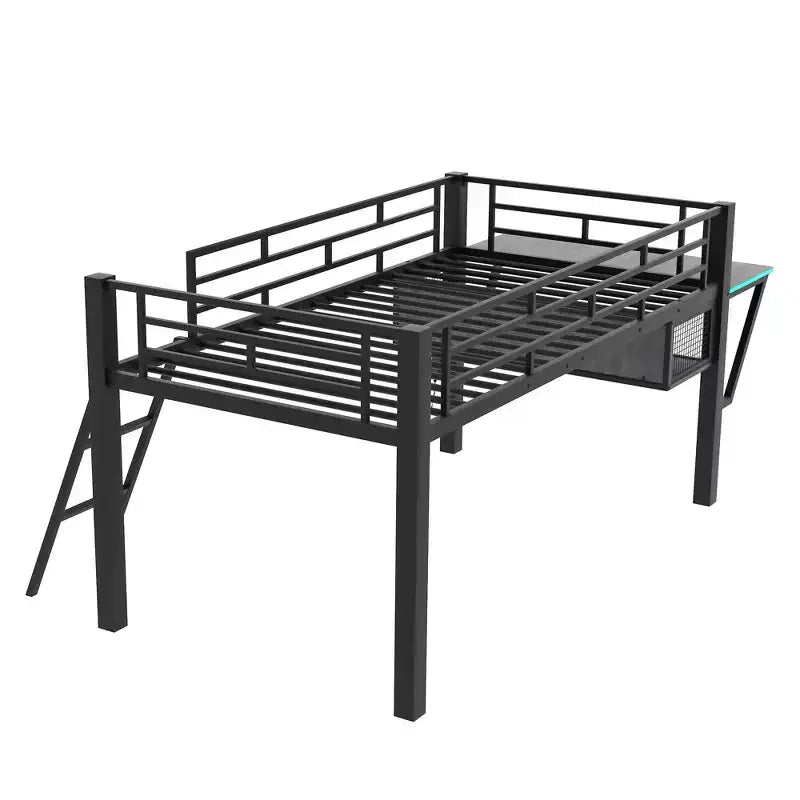 Bellemave Letto a soppalco da gioco singolo con scrivania e luci a LED, letto a soppalco medio in metallo nero con contenitore per bambini e ragazzi, design ispirato agli eSport