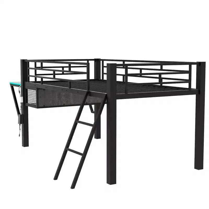 Bellemave Letto a soppalco da gioco singolo con scrivania e luci a LED, letto a soppalco medio in metallo nero con contenitore per bambini e ragazzi, design ispirato agli eSport