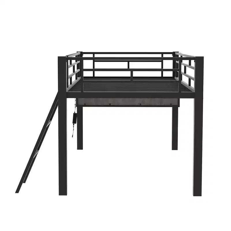 Bellemave Letto a soppalco da gioco singolo con scrivania e luci a LED, letto a soppalco medio in metallo nero con contenitore per bambini e ragazzi, design ispirato agli eSport