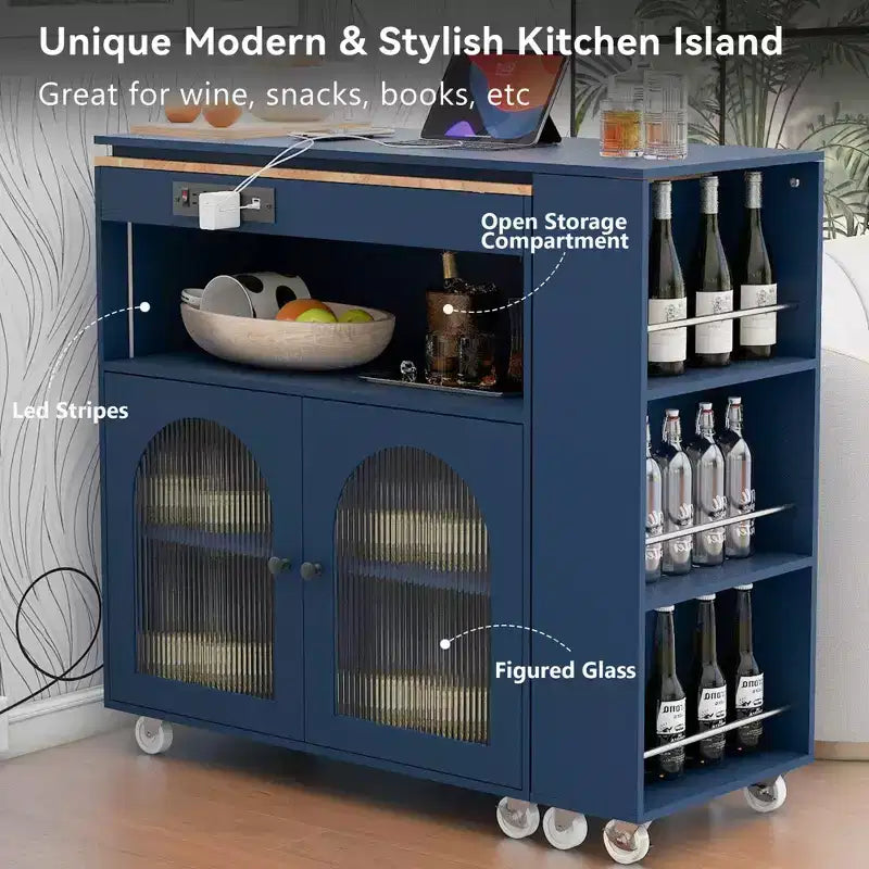 Carrello Cucina con Ruote e Tavolo Estensibile, Luci LED, Presa di Corrente, 2 Ante in Vetro Scanalato, Vano Contenitore, 3 Ripiani Laterali Aperti