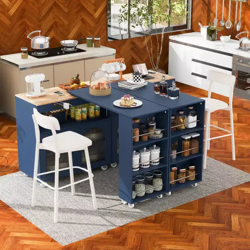 Carrello Cucina con Ruote e Tavolo Estensibile, Luci LED, Presa di Corrente, 2 Ante in Vetro Scanalato, Vano Contenitore, 3 Ripiani Laterali Aperti
