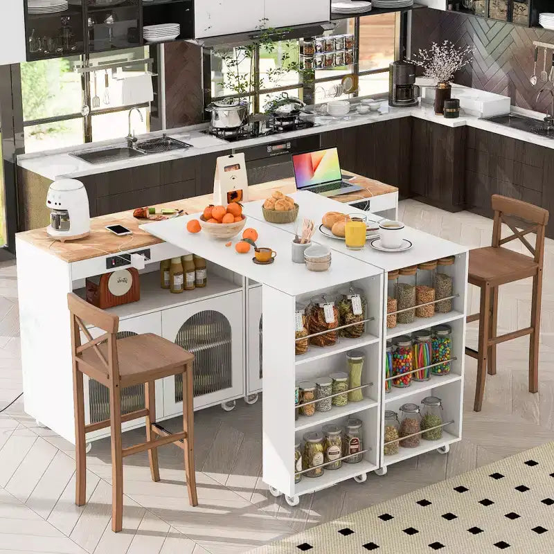 Carrello Cucina con Ruote e Tavolo Estensibile, Luci LED, Presa di Corrente, 2 Ante in Vetro Scanalato, Vano Contenitore, 3 Ripiani Laterali Aperti
