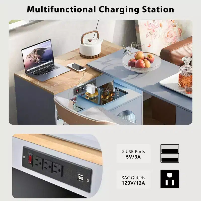 Carrello Cucina con Ruote e Tavolo Estensibile, Luci LED, Presa di Corrente, 2 Ante in Vetro Scanalato, Vano Contenitore, 3 Ripiani Laterali Aperti