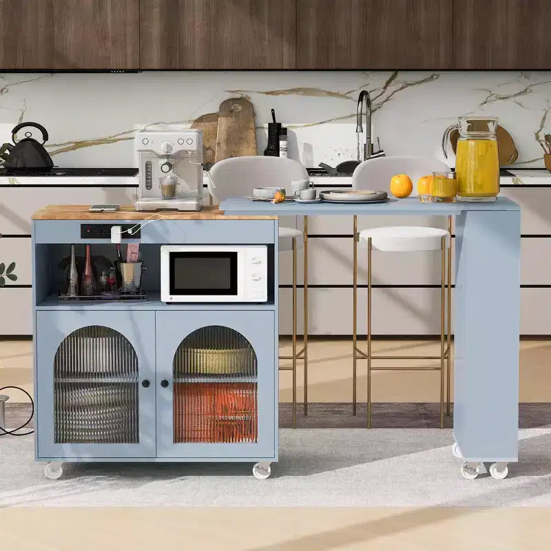 Carrello Cucina con Ruote e Tavolo Estensibile, Luci LED, Presa di Corrente, 2 Ante in Vetro Scanalato, Vano Contenitore, 3 Ripiani Laterali Aperti