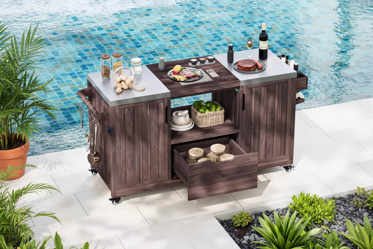 Outdoor Kitchen Island Grill Cart for Big Green Egg & Kamado Joe, Solid Wood Table with Stainless Steel Top, Drawer, Fits Large Grills, Dark Brown