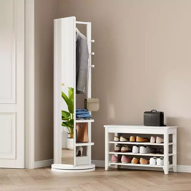 Specchio Moderno Girevole a Figura Intera con Appendiabiti Gancio Funzionale, Specchio da Terra Autoportante per Camera da Letto, Spogliatoio, Bianco