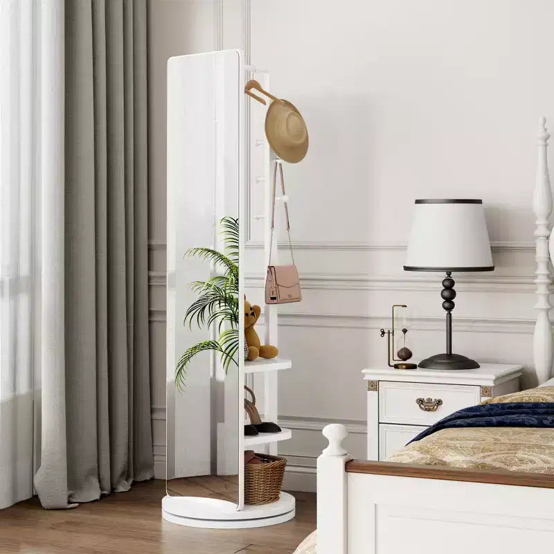Specchio Moderno Girevole a Figura Intera con Appendiabiti Gancio Funzionale, Specchio da Terra Autoportante per Camera da Letto, Spogliatoio, Bianco