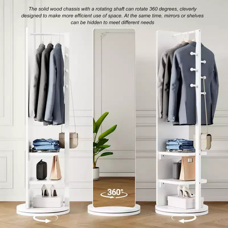 Specchio Moderno Girevole a Figura Intera con Appendiabiti Gancio Funzionale, Specchio da Terra Autoportante per Camera da Letto, Spogliatoio, Bianco