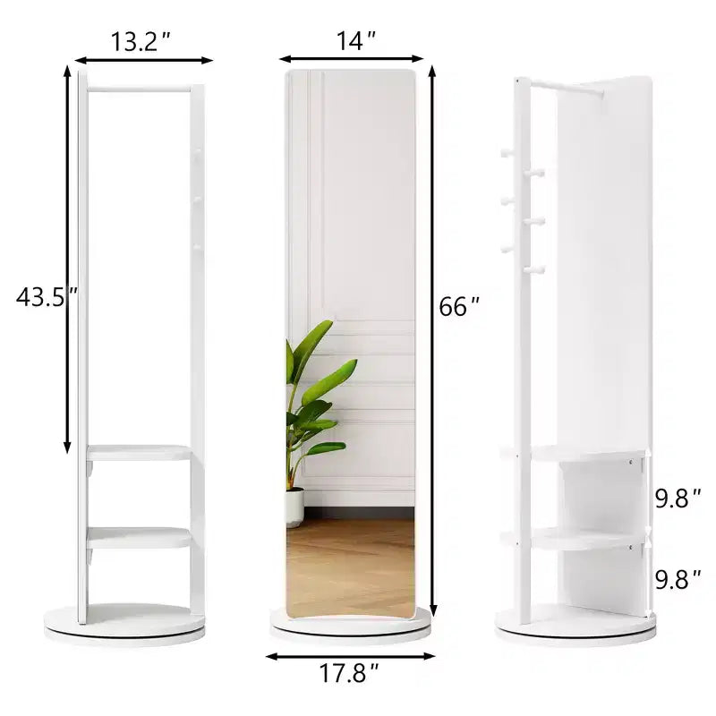 Specchio Moderno Girevole a Figura Intera con Appendiabiti Gancio Funzionale, Specchio da Terra Autoportante per Camera da Letto, Spogliatoio, Bianco